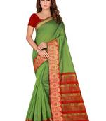 Green woven cotton silk saree with blouse