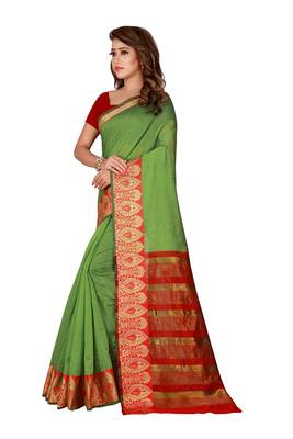 Green woven cotton silk blend saree with blouse 2