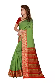 Green woven cotton silk saree with blouse