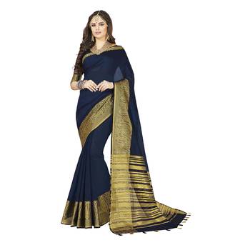 Blue woven chanderi silk saree with blouse 1