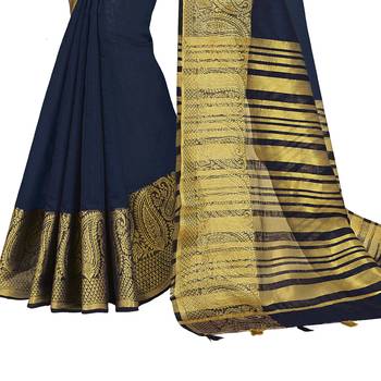 Blue woven chanderi silk saree with blouse 3