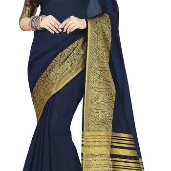 Blue woven chanderi silk saree with blouse 4