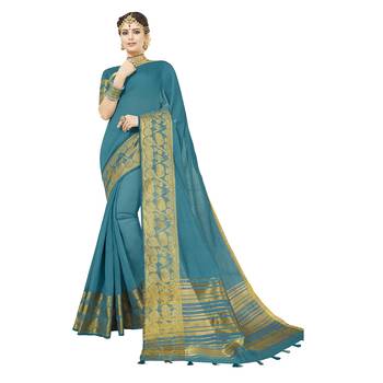 Light blue woven chanderi silk saree with blouse 1