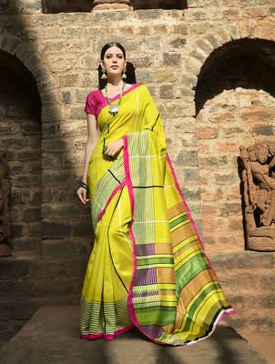 Yellow Printed Cotton Saree With Blouse 1