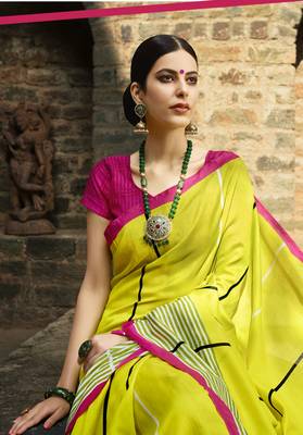 Yellow Printed Cotton Saree With Blouse 2