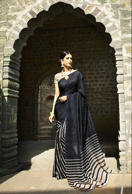 Black Printed Cotton Saree With Blouse 1