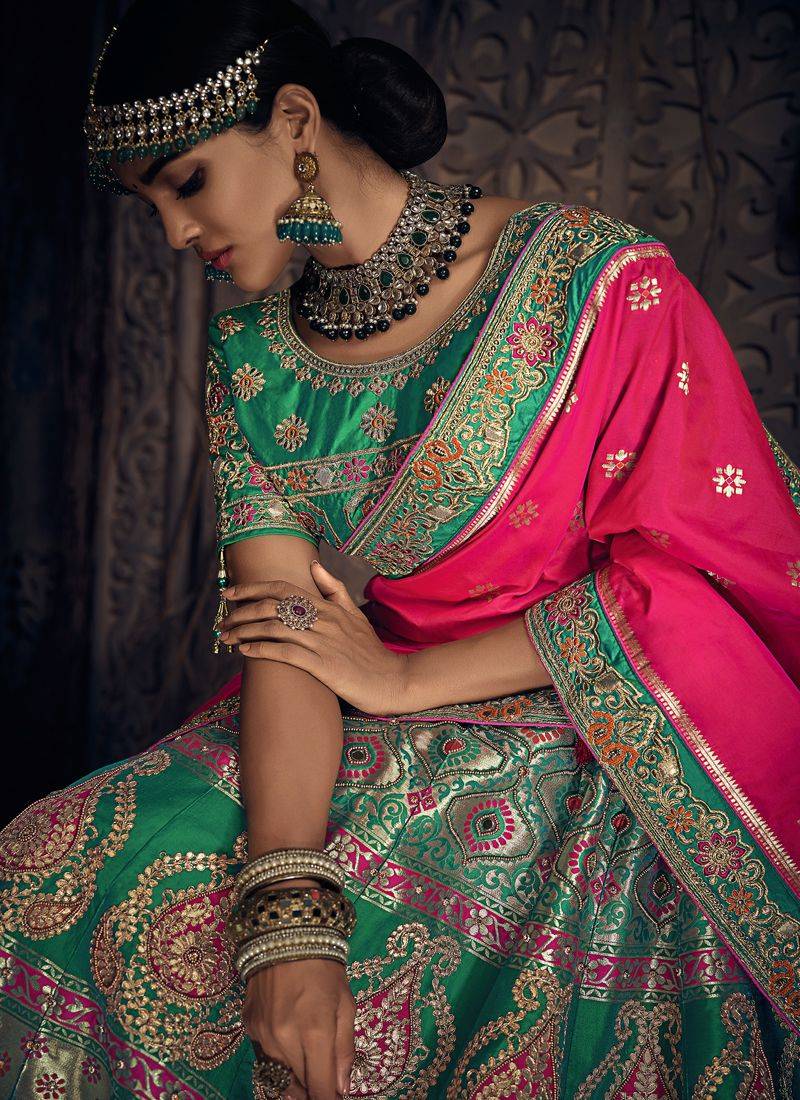 Sea-green embroidered silk semi stitched lehenga