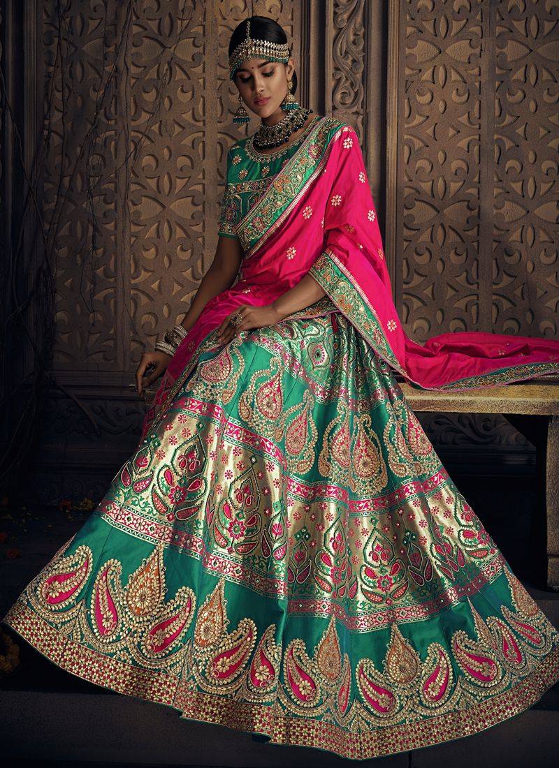 Sea-green embroidered silk semi stitched lehenga