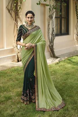 Dark green embroidered silk blend saree with blouse 1