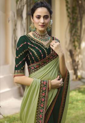 Dark green embroidered silk blend saree with blouse 2