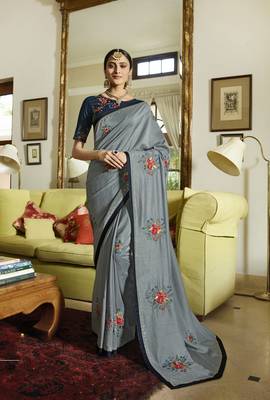 Grey embroidered silk blend saree with blouse 1