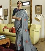 Grey embroidered silk blend saree with blouse