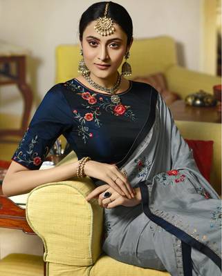 Grey embroidered silk blend saree with blouse 2