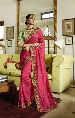 Rani Pink Embroidered Silk Blend Saree With Blouse 1