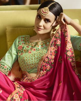 Rani Pink Embroidered Silk Blend Saree With Blouse 2