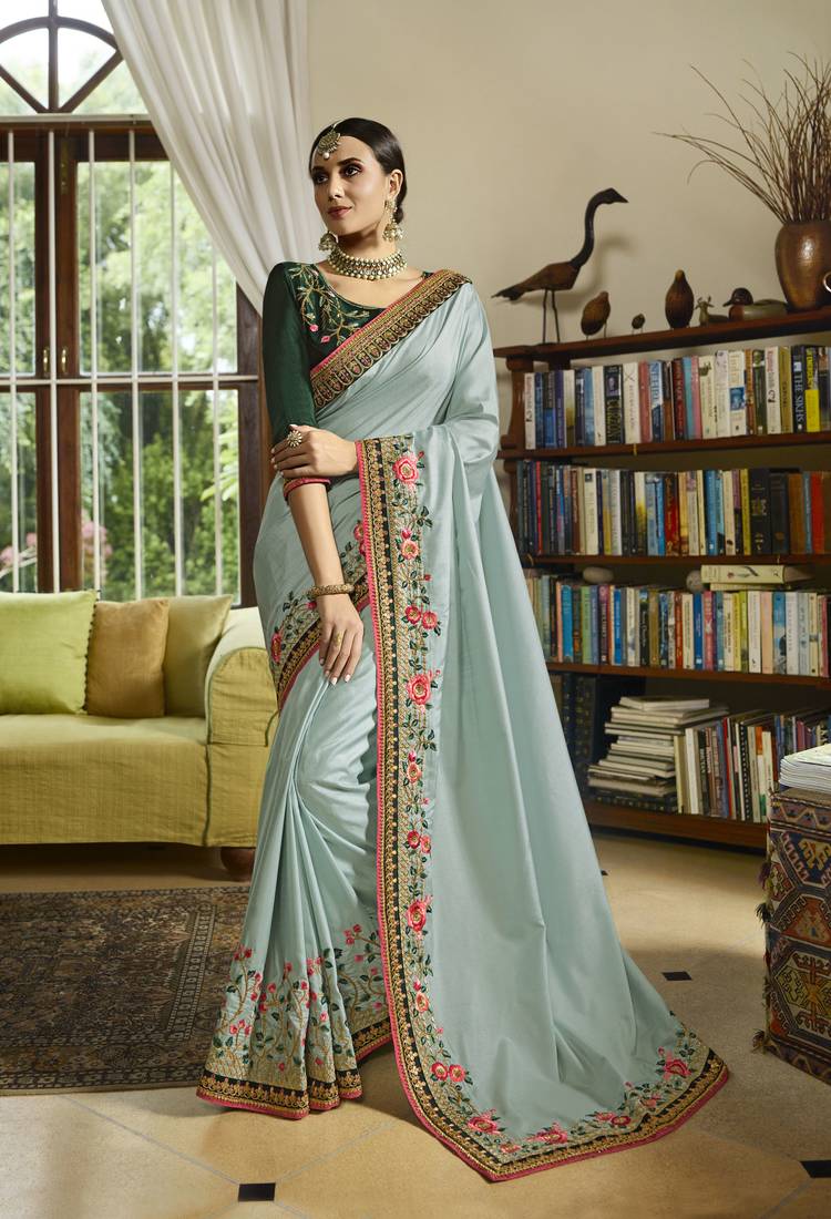 Women's Silk Blend Light Blue Printed Designer Saree With Blouse Piece