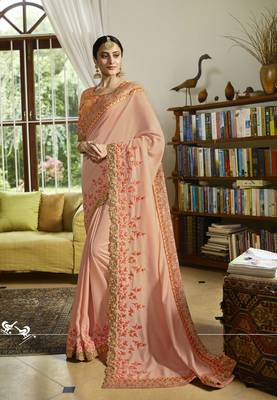Peach Embroidered Satin Saree With Blouse 1