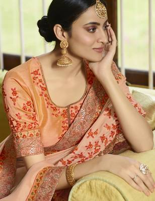 Peach Embroidered Satin Saree With Blouse 2