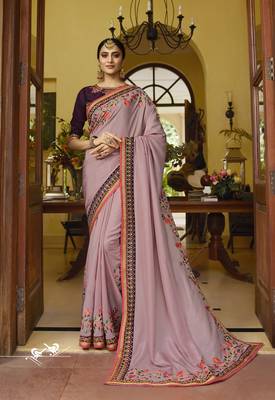 Light wine embroidered silk blend saree with blouse 1