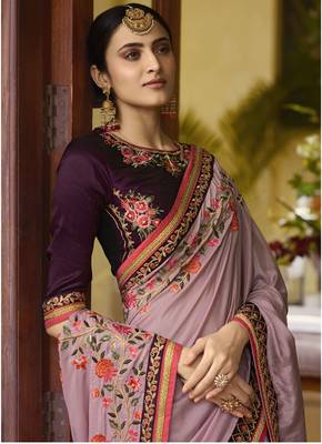 Light wine embroidered silk blend saree with blouse 2
