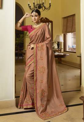 Light orange embroidered silk blend saree with blouse 1