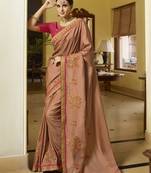 Light orange embroidered silk blend saree with blouse