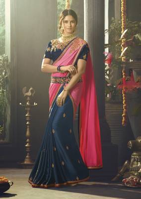 Dark Blue Embroidered Crepe Saree With Blouse 1