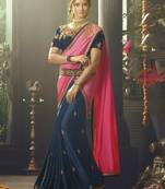 Dark Blue Embroidered Crepe Saree With Blouse