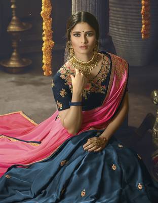 Dark Blue Embroidered Crepe Saree With Blouse 2