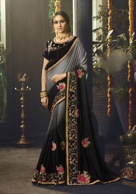 Black embroidered art silk saree with blouse 1