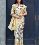 Off white woven banarasi silk blend saree with blouse