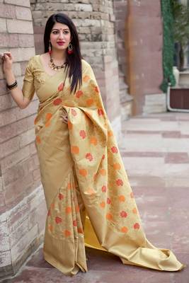 Cream woven banarasi silk blend saree with blouse 1