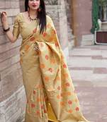 Cream woven banarasi silk blend saree with blouse
