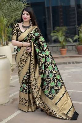 Green woven banarasi silk blend saree with blouse 1