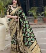 Green woven banarasi silk blend saree with blouse