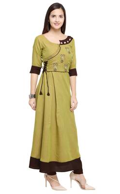 Green embroidered rayon long kurti 4