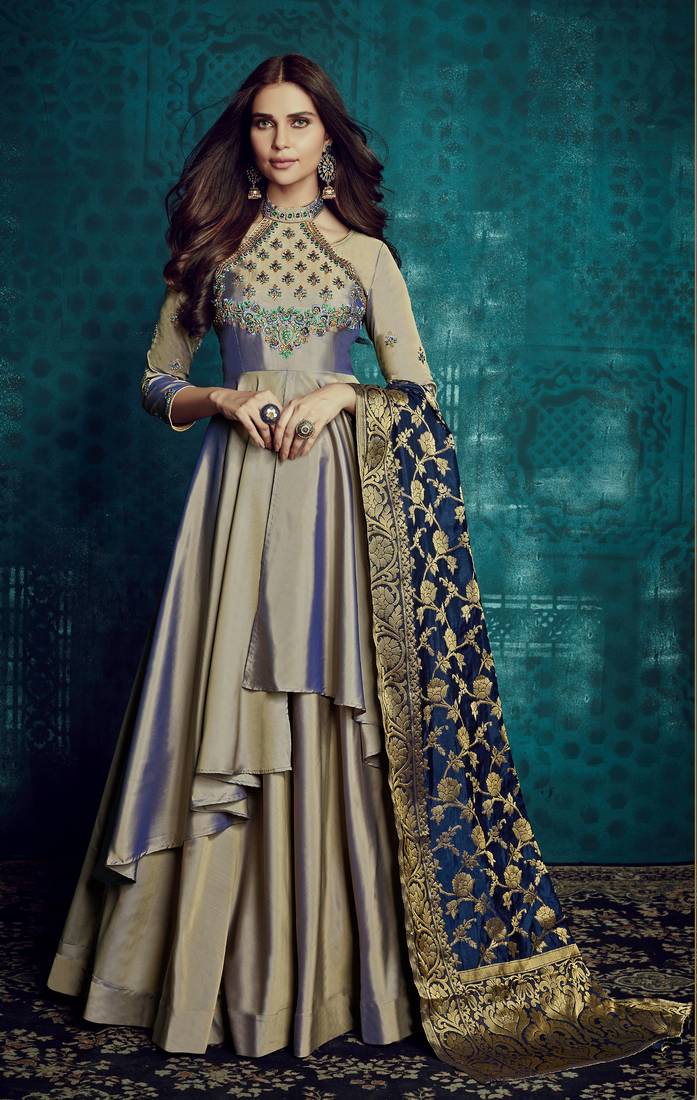 Grey Tapeeta Silk Salwar With Dupatta