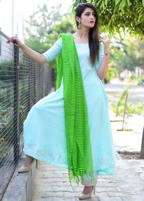 Sky-Blue Plain Rayon Kurta With Trouser And Dupatta Set 2