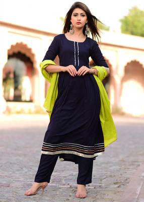 Blue Plain Rayon Kurta And Trouser Set 1