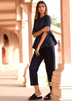 Blue Embroidered Cotton Peplum Top With Trouser 2