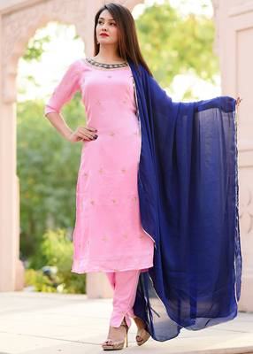 Baby-Pink Embroidered Georgette Kurta With Trouser And Dupatta Set 1