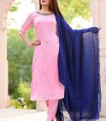 Baby-Pink Embroidered Georgette Kurta With Trouser And Dupatta Set