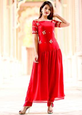 Red Embroidered Georgette Kurti With Trouser 4