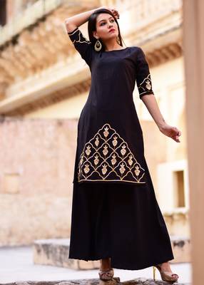 Black Embroidered Crepe Kurta With Palazzo 2