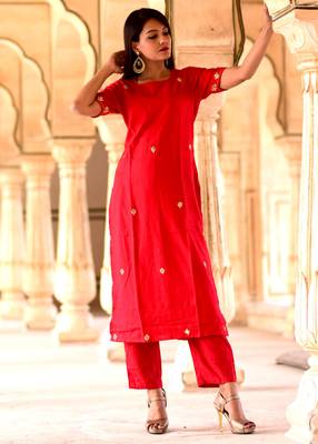 Red Embroidered Crepe Kurta With Trouser 1