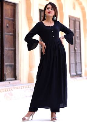 Black Plain Rayon Cotton Kurta With Trouser 2