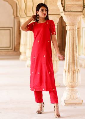 Red Embroidered Crepe Kurta With Trouser 2