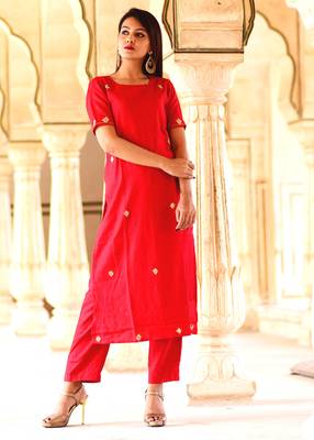 Red Embroidered Crepe Kurta With Trouser 3