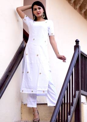 White Embroidered Crepe Kurta With Trouser Set 1