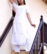 White Embroidered Crepe Kurta With Trouser Set